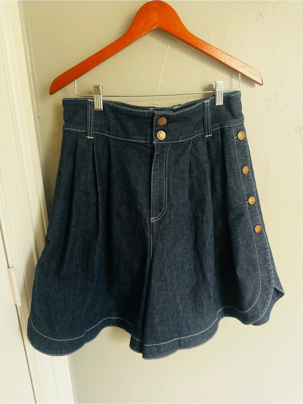 See By Chloe Dark Indigo Denim Skort with Side Button Accents